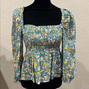 Trovata Birds Of Paradise Blue Floral Smocked Blouse